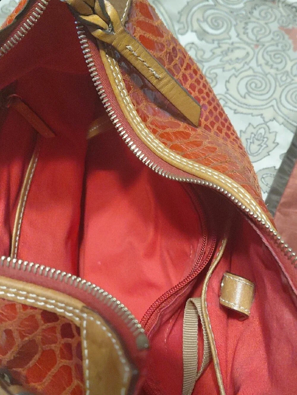 Dooney & Bourke Glossy Red Faux-Snakeskin Hobo with Brown Trim & Wallet